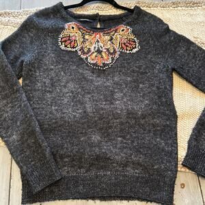 Kookai Charcoal Gray Sweater Embroidered Neck Detail Womens Sz M Wool Blend